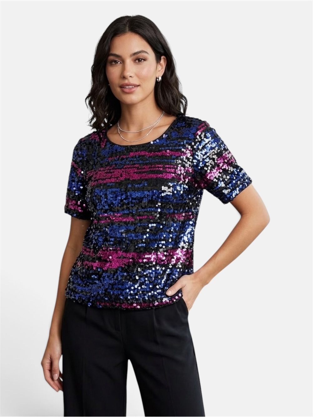 Sequin Short Sleeve Top by Sanctuary - Black, Blue, Pink/Purple